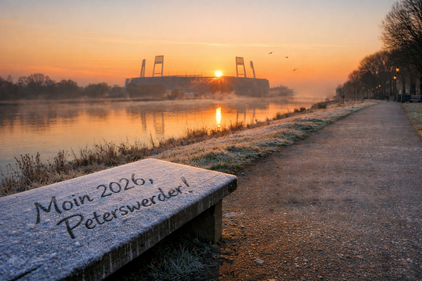 Ein stimmungsvolles Foto am frühen Morgen des 1. Januar 2026 am Osterdeich in Bremen-Peterswerder. Die Sonne geht gerade über der Weser auf und taucht den Himmel in sanfte Orange- und Blautöne. Im Hintergrund ist die Silhouette des Weserstadions erkennbar. Im Vordergrund, im Raureif auf einer Bank steht: „Moin 2026, Peterswerder!“